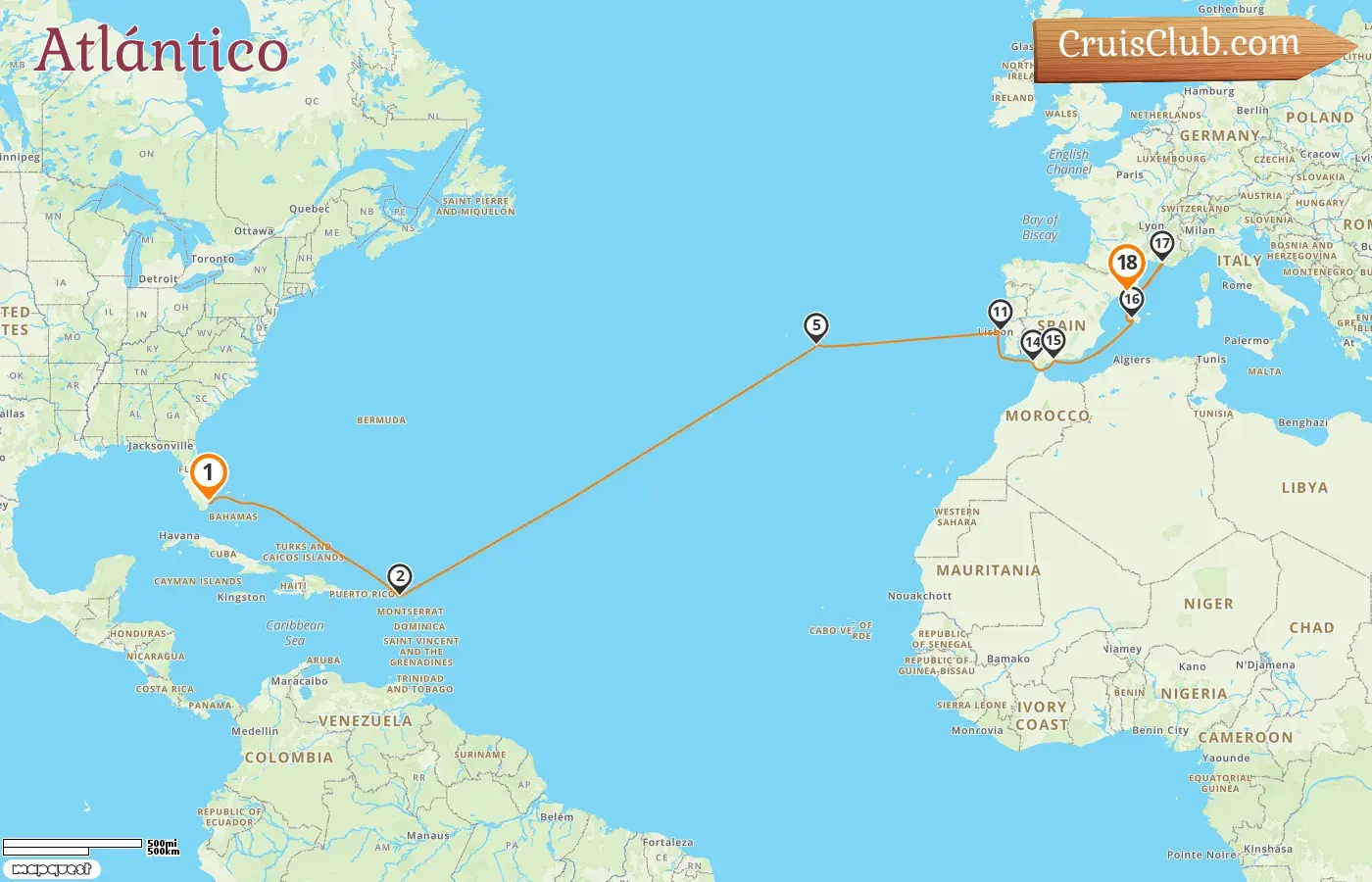 Crucero Transatlántico de Miami a Barcelona a bordo del barco MSC Meraviglia con visitas a EE. UU., Portugal, España y Francia por 18 días