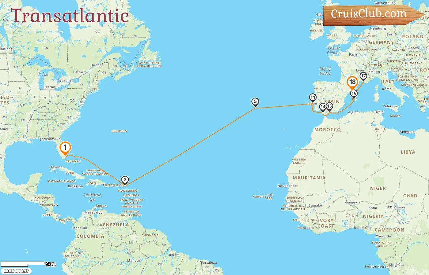 Cruise in the Transatlantic from Miami to Barcelona aboard MSC Meraviglia ship with visits to USA, Portugal, Spain, and France for 18 days