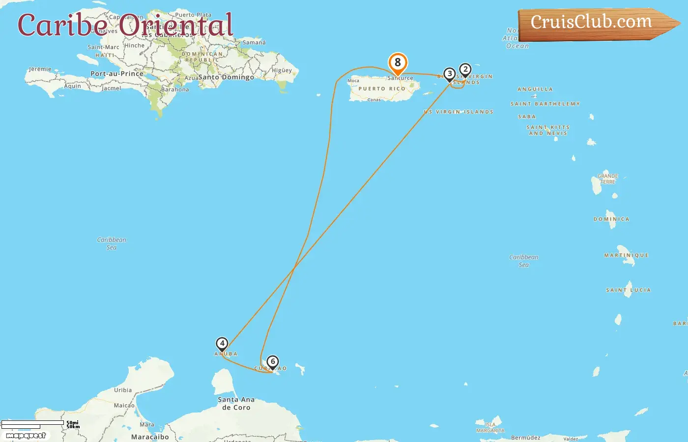 Cruzeiro no Caribe Oriental saindo de Saint John a bordo do navio Norwegian Prima com visitas a Porto Rico, Ilhas Virgens Britânicas, Aruba e Curaçao por 8 dias