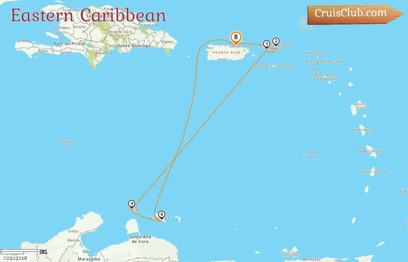 Kreuzfahrt in der östlichen Karibik ab Saint John an Bord des Schiffes Norwegian Prima mit Besuchen in Puerto Rico, den Britischen Jungferninseln, Aruba und Curaçao für 8 Tage