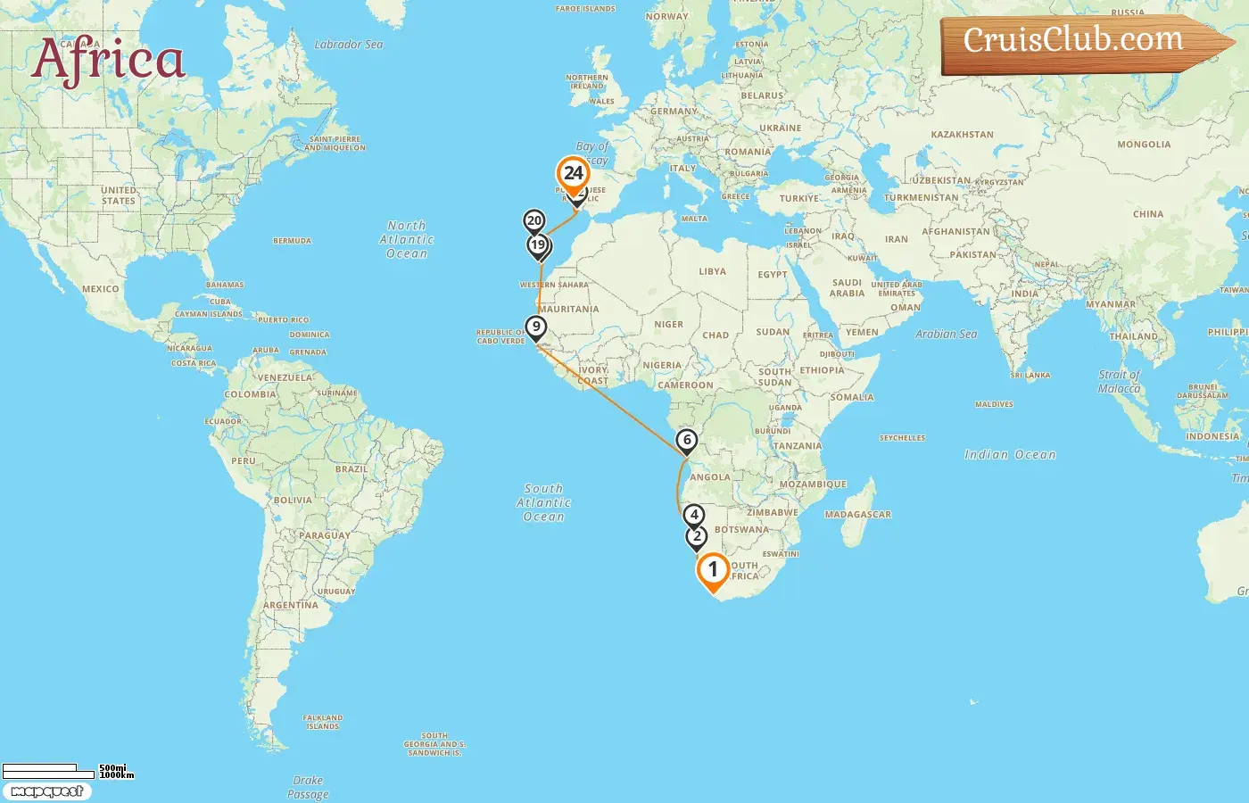 Cruise in the Africa from Cape Town to Lisbon aboard Silver Dawn ship with visits to South Africa, Namibia, Angola, Gambia, Spain, and Portugal for 24 days