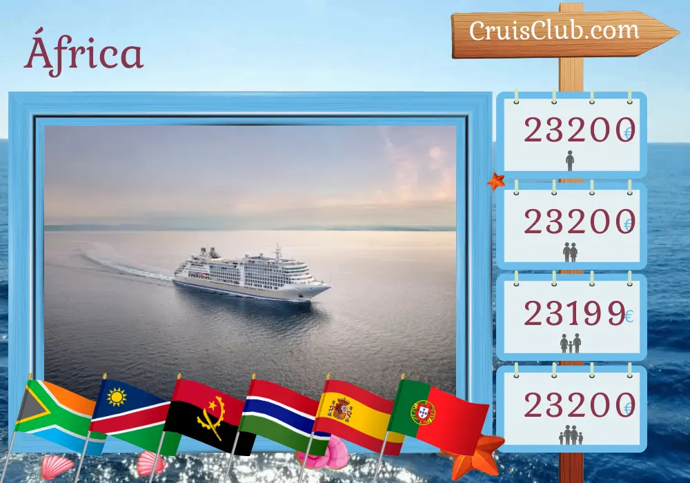 Crucero de África de Ciudad del Cabo a Lisboa a bordo del barco Silver Dawn con visitas a Sudáfrica, Namibia, Angola, Gambia, España y Portugal durante 24 días