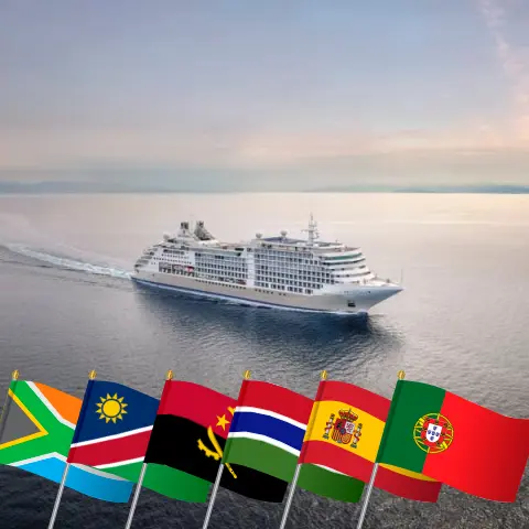 Cruise in the Africa from Cape Town to Lisbon aboard Silver Dawn ship with visits to South Africa, Namibia, Angola, Gambia, Spain, and Portugal for 24 days