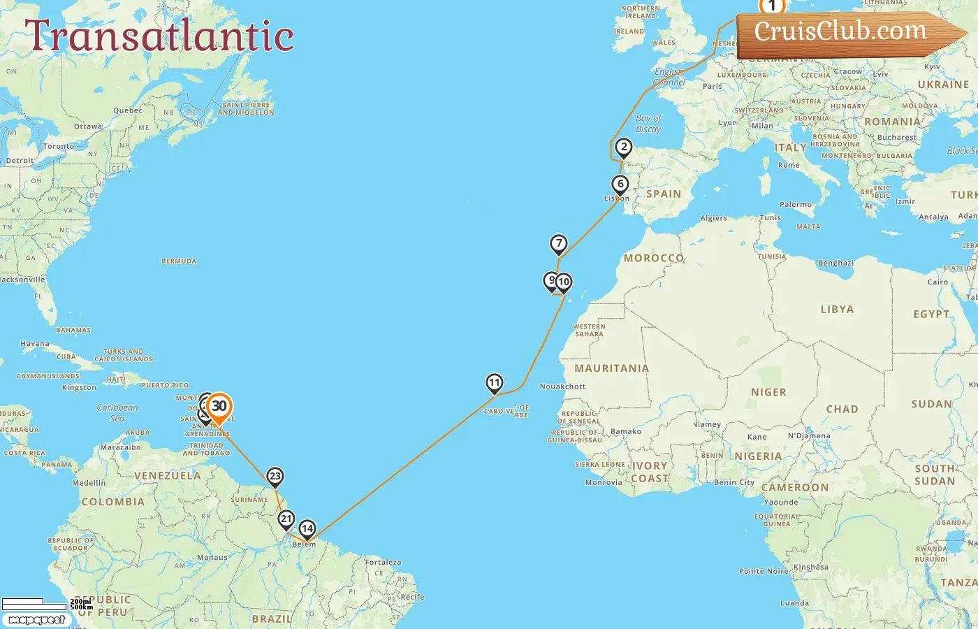Cruise in the Transatlantic from Hamburg to Bridgetown aboard Vasco da Gama ship with visits to Germany, Spain, Brazil, French Guiana, Saint Vincent and the Grenadines, and Barbados for 30 days