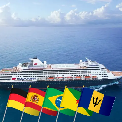 Cruise in the Transatlantic from Hamburg to Bridgetown aboard Vasco da Gama ship with visits to Germany, Spain, Brazil, French Guiana, Saint Vincent and the Grenadines, and Barbados for 30 days