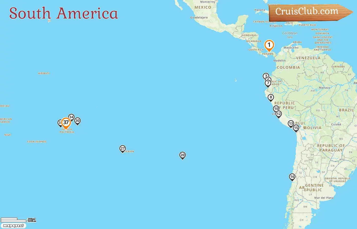 Cruise in the South America from Panama City to Papeete aboard Vasco da Gama ship with visits to Panama, Ecuador, Peru, Chile, Pitcairn, and French Polynesia for 37 days