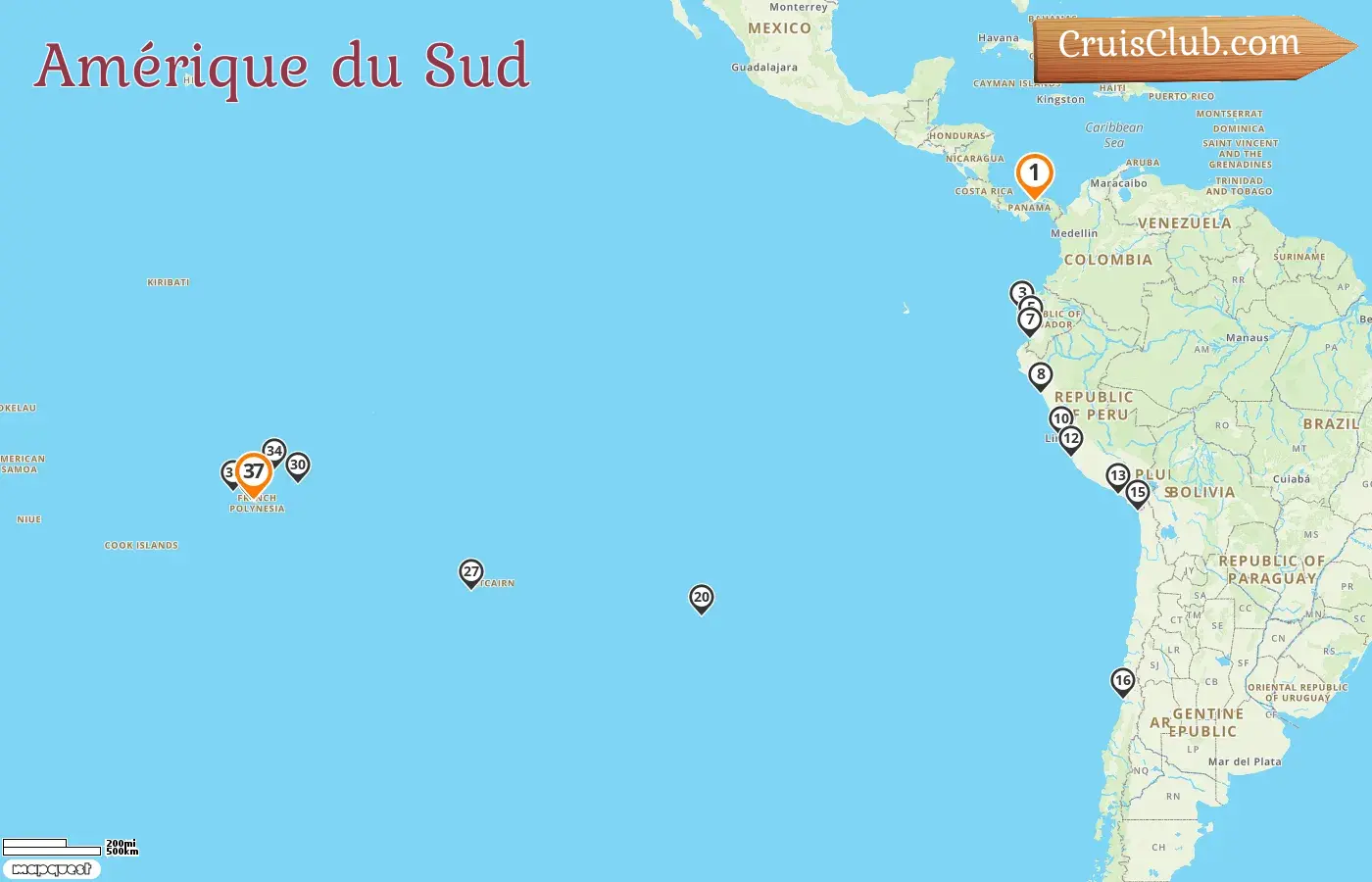 Croisière en Amérique du Sud de Panama City à Papeete à bord du navire Vasco da Gama avec des visites à Panama, Équateur, Pérou, Chili, Pitcairn et en Polynésie française pendant 37 jours