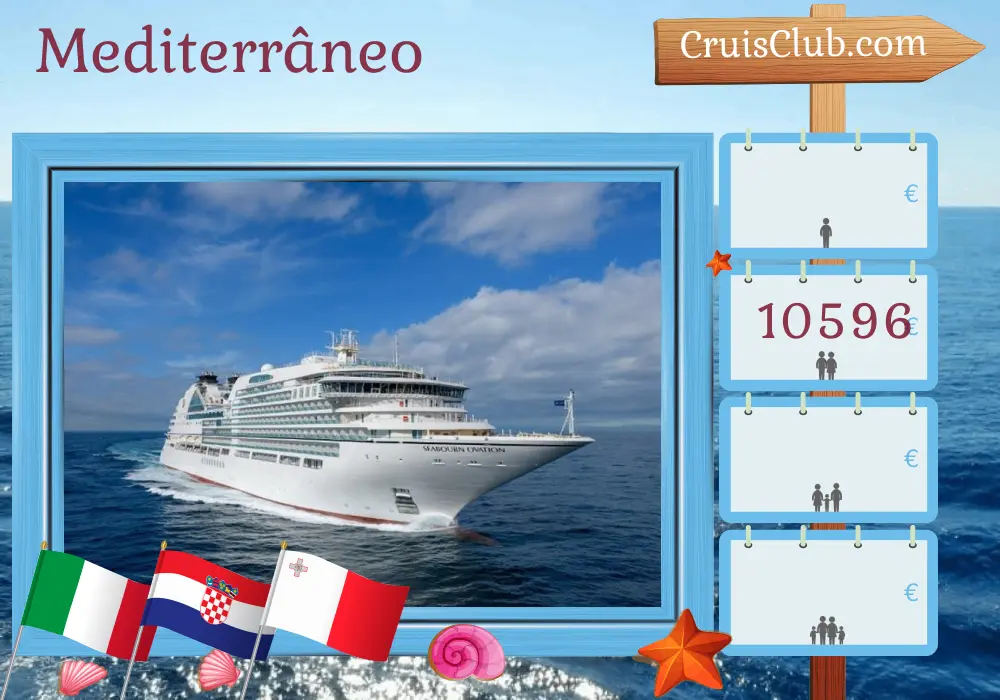 Cruzeiro no Mediterrâneo de Fusina para Civitavecchia a bordo do navio Seabourn Ovation com visitas à Itália, Croácia e Malta por 9 dias