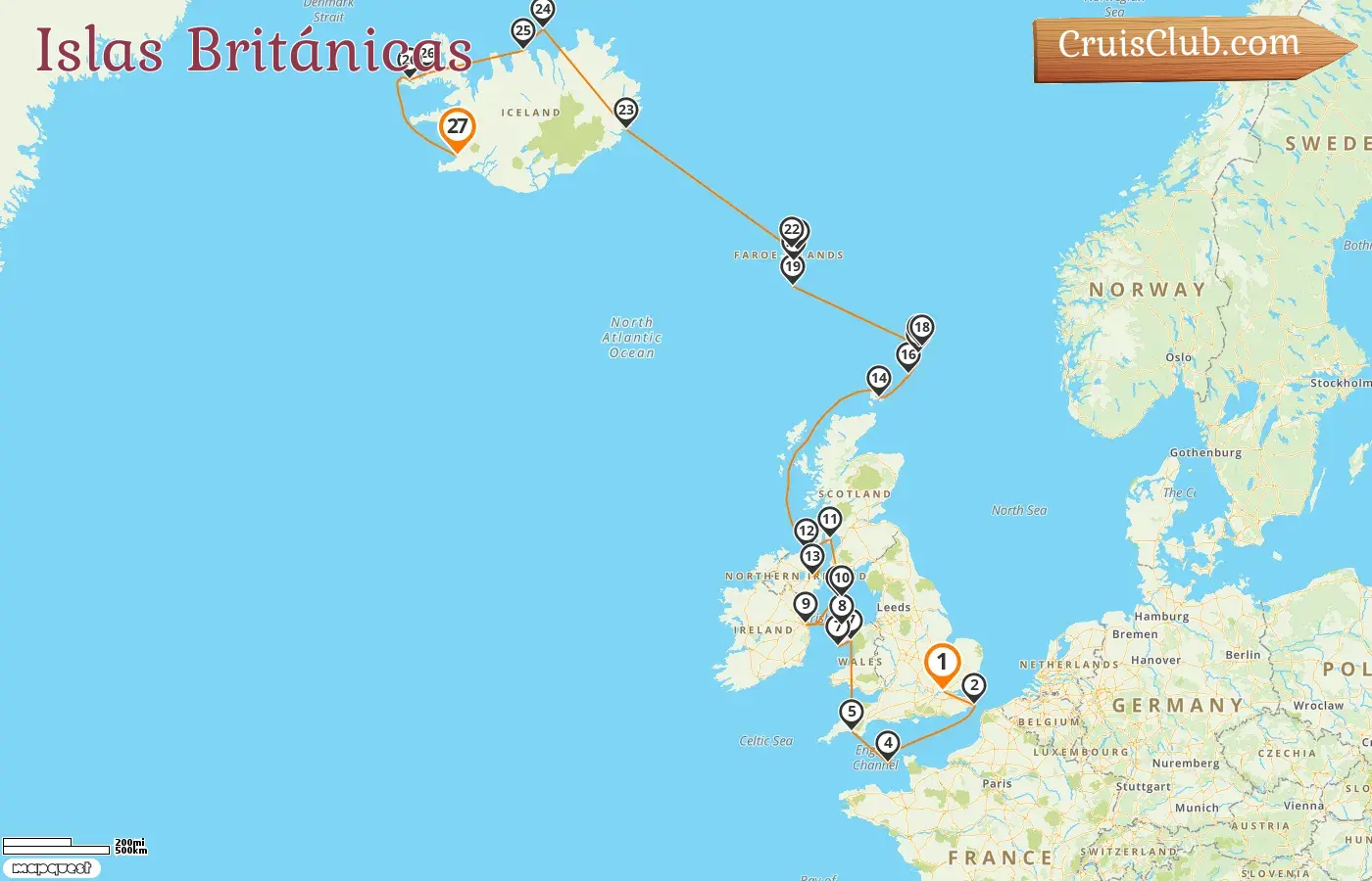 Crucero por las Islas Británicas de Greenwich a Reikiavik a bordo del barco Seabourn Venture con visitas a Guernsey, Irlanda, Isla de Man, Islas Feroe e Islandia por 27 días