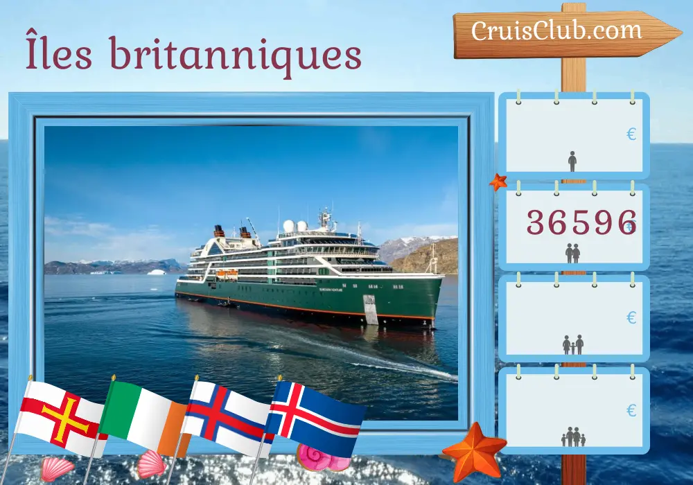 Croisière dans les îles britanniques de Greenwich à Reykjavik à bord du navire Seabourn Venture avec des visites à Guernesey, en Irlande, sur l`île de Man, aux îles Féroé et en Islande pendant 27 jours