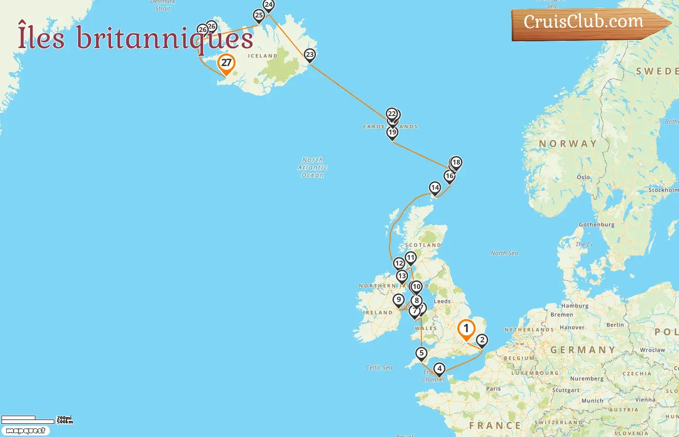 Croisière dans les îles britanniques de Greenwich à Reykjavik à bord du navire Seabourn Venture avec des visites à Guernesey, en Irlande, sur l`île de Man, aux îles Féroé et en Islande pendant 27 jours