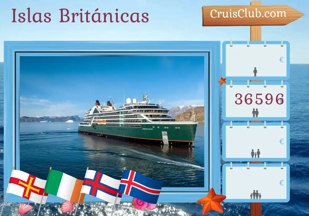 Crucero por las Islas Británicas de Greenwich a Reikiavik a bordo del barco Seabourn Venture con visitas a Guernsey, Irlanda, Isla de Man, Islas Feroe e Islandia por 27 días