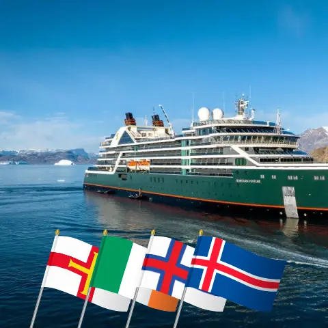 Cruise in the British Isles from Greenwich to Reykjavik aboard Seabourn Venture ship with visits to Guernsey, Ireland, Isle of Man, Faroe Islands, and Iceland for 27 days