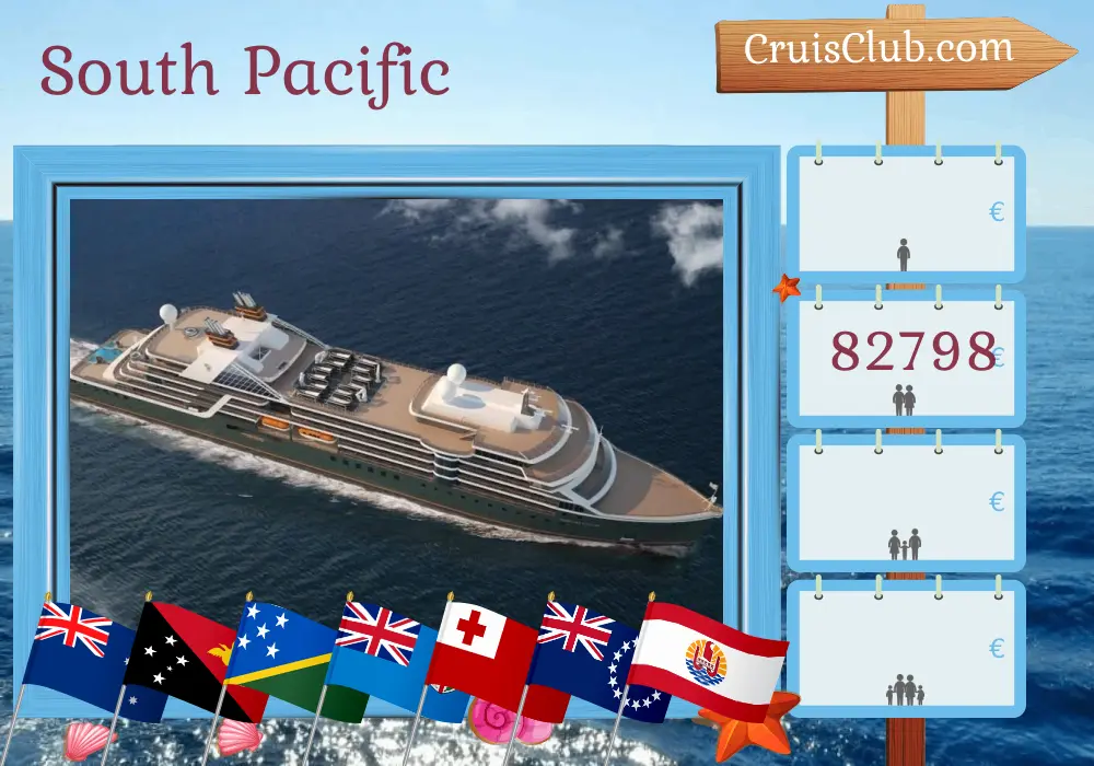 Cruise in the South Pacific from Broome to Papeete aboard Seabourn Pursuit ship with visits to Australia, Indonesia, Papua New Guinea, Vanuatu, Fiji, Tonga, Samoa, Cook Islands, and French Polynesia for 46 days