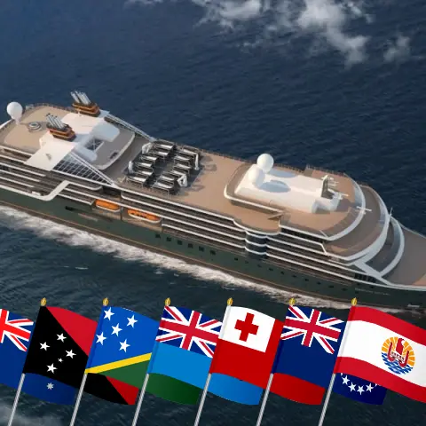 Cruise in the South Pacific from Broome to Papeete aboard Seabourn Pursuit ship with visits to Australia, Indonesia, Papua New Guinea, Vanuatu, Fiji, Tonga, Samoa, Cook Islands, and French Polynesia for 46 days