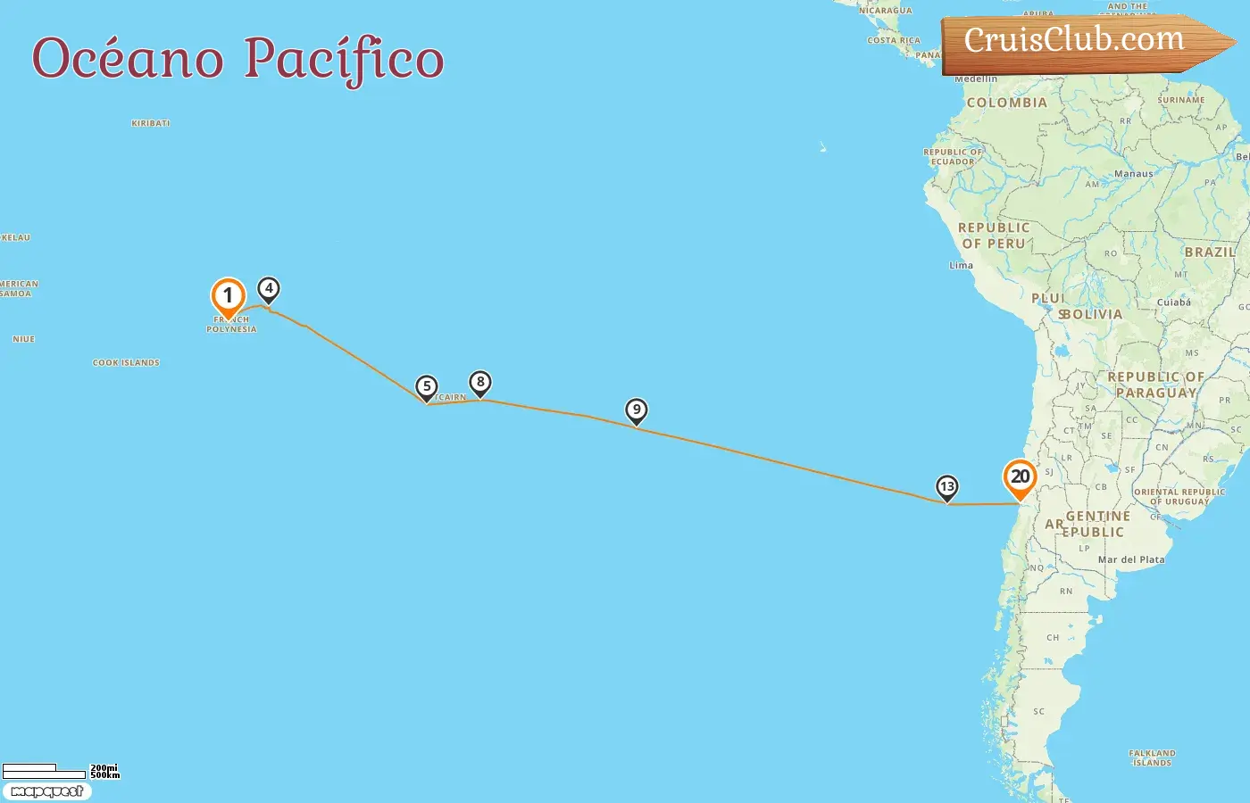 Crucero por el océano Pacífico de Papeete a San Antonio a bordo del barco Seabourn Pursuit con visitas a Polinesia Francesa, Pitcairn y Chile durante 20 días