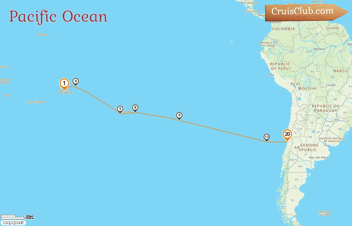 Cruise in the Pacific Ocean from Papeete to San Antonio aboard Seabourn Pursuit ship with visits to French Polynesia, Pitcairn, and Chile for 20 days