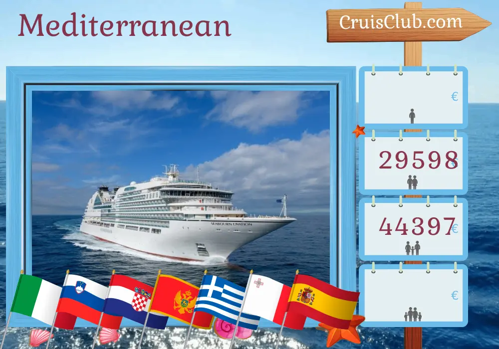 Cruise in the Mediterranean from Fusina to Barcelona aboard Seabourn Ovation ship with visits to Italy, Slovenia, Croatia, Montenegro, Greece, Turkey, Malta, and Spain for 29 days