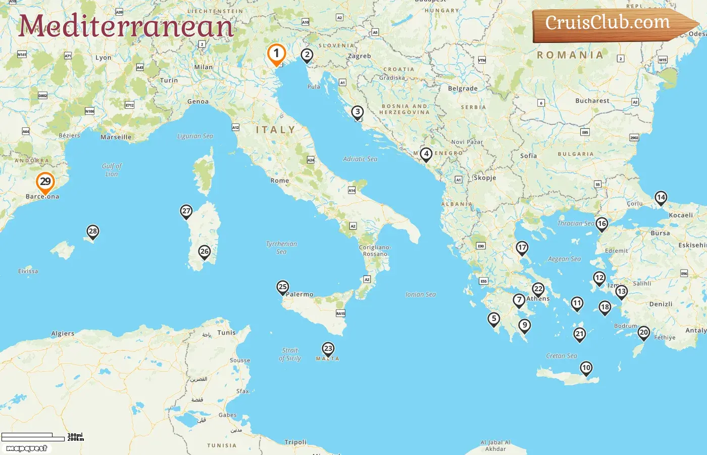 Cruise in the Mediterranean from Fusina to Barcelona aboard Seabourn Ovation ship with visits to Italy, Slovenia, Croatia, Montenegro, Greece, Turkey, Malta, and Spain for 29 days