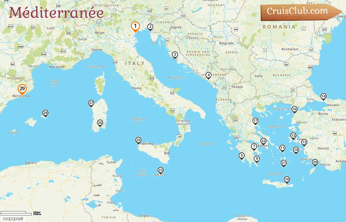 Croisière en Méditerranée de Fusina à Barcelone à bord du navire Seabourn Ovation avec des visites en Italie, en Slovénie, en Croatie, au Monténégro, en Grèce, en Turquie, à Malte et en Espagne pendant 29 jours