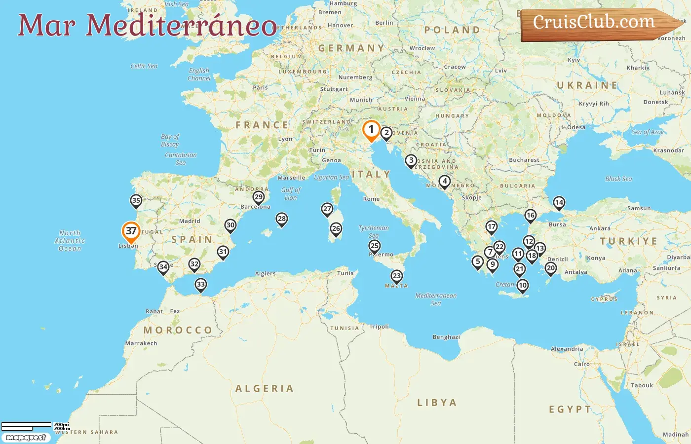 Crucero por el Mediterráneo desde Fusina a Lisboa a bordo del barco Seabourn Ovation con visitas a Italia, Eslovenia, Croacia, Montenegro, Grecia, Turquía, Malta y España durante 37 días
