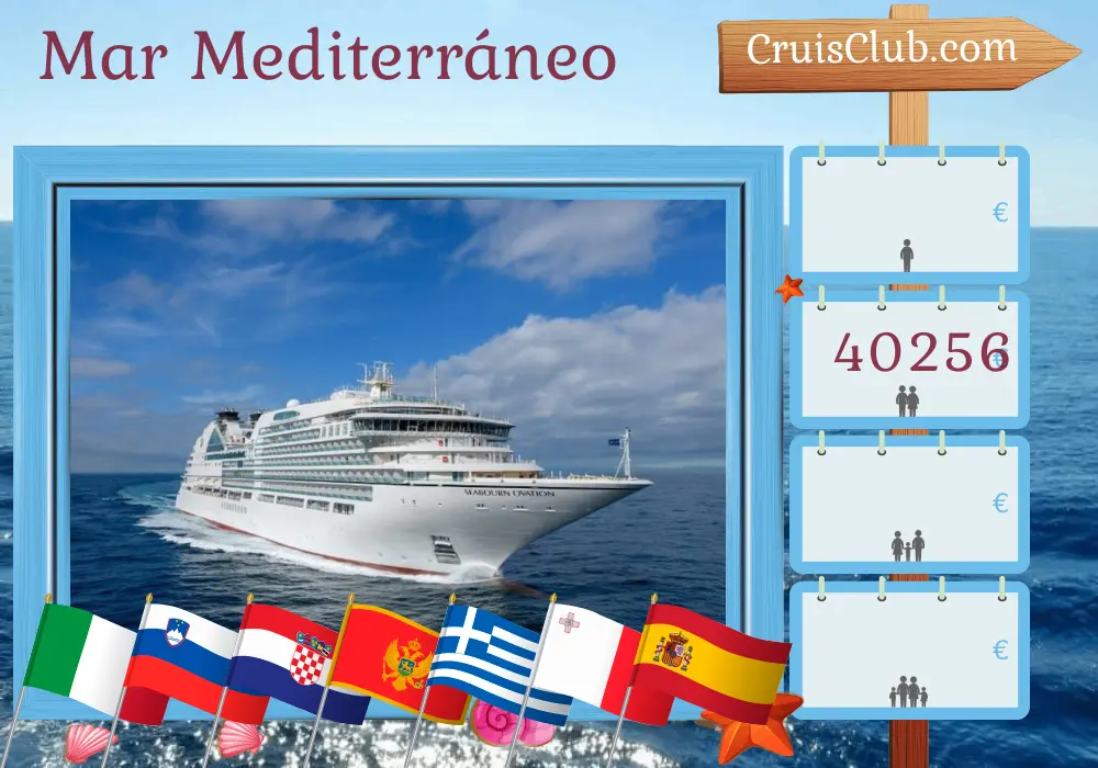 Crucero por el Mediterráneo desde Fusina a Lisboa a bordo del barco Seabourn Ovation con visitas a Italia, Eslovenia, Croacia, Montenegro, Grecia, Turquía, Malta y España durante 37 días