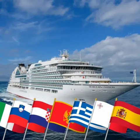 Cruise in the Mediterranean from Fusina to Lisbon aboard Seabourn Ovation ship with visits to Italy, Slovenia, Croatia, Montenegro, Greece, Turkey, Malta, and Spain for 37 days