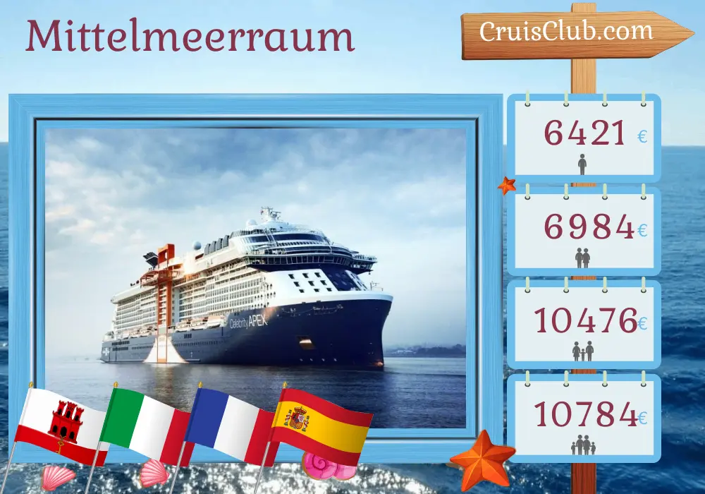 Kreuzfahrt im Mittelmeer ab Southampton an Bord des Celebrity Apex Schiffs mit Stopps in Gibraltar, Italien, Frankreich und Spanien für 15 Tage