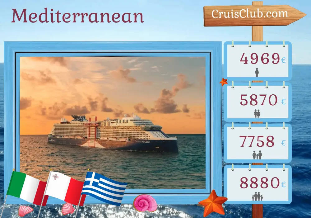 Cruise in the Mediterranean from Civitavecchia aboard Celebrity Ascent ship with visits to Italy, Malta, Greece, and Turkey for 12 days