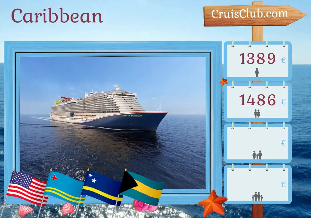 Cruise in the Caribbean from Port Canaveral / Orlando aboard Carnival Festivale ship with visits to USA, Aruba, Curaçao, and Bahamas for 9 days