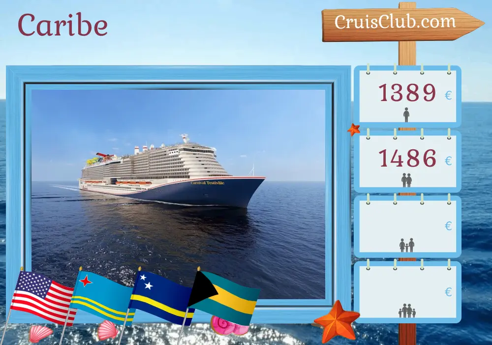 Cruzeiro no Caribe a partir de Port Canaveral / Orlando a bordo do navio Carnival Festivale com paragens nos EUA, Aruba, Curaçao e Bahamas por 9 dias