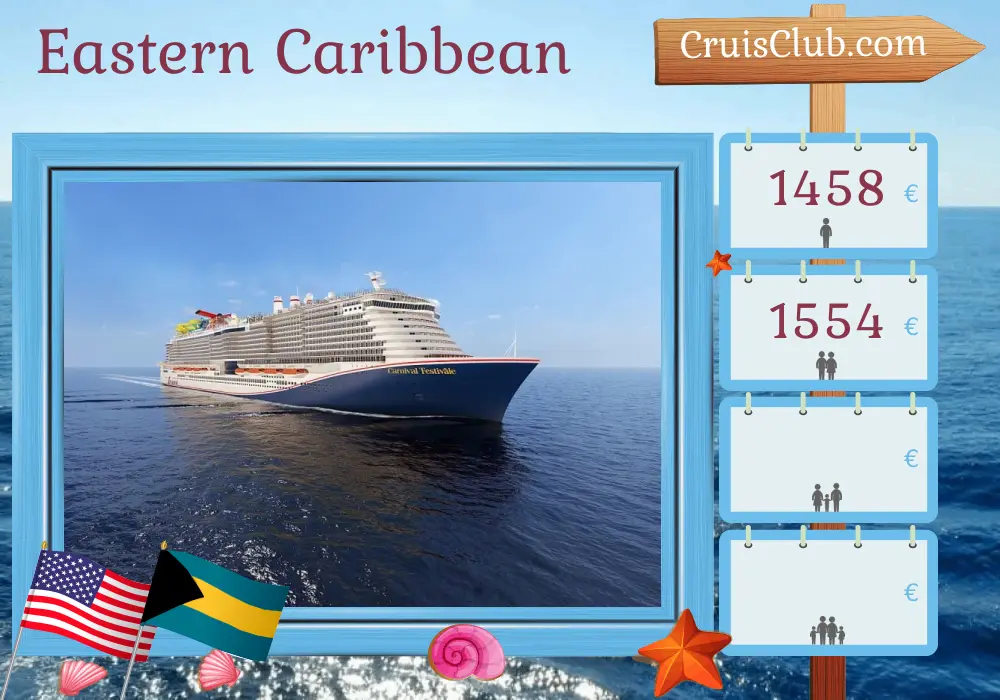 Cruise in the Eastern Caribbean from Port Canaveral / Orlando aboard Carnival Festivale ship with visits to USA, Dominican Republic, Puerto Rico, and Bahamas for 9 days