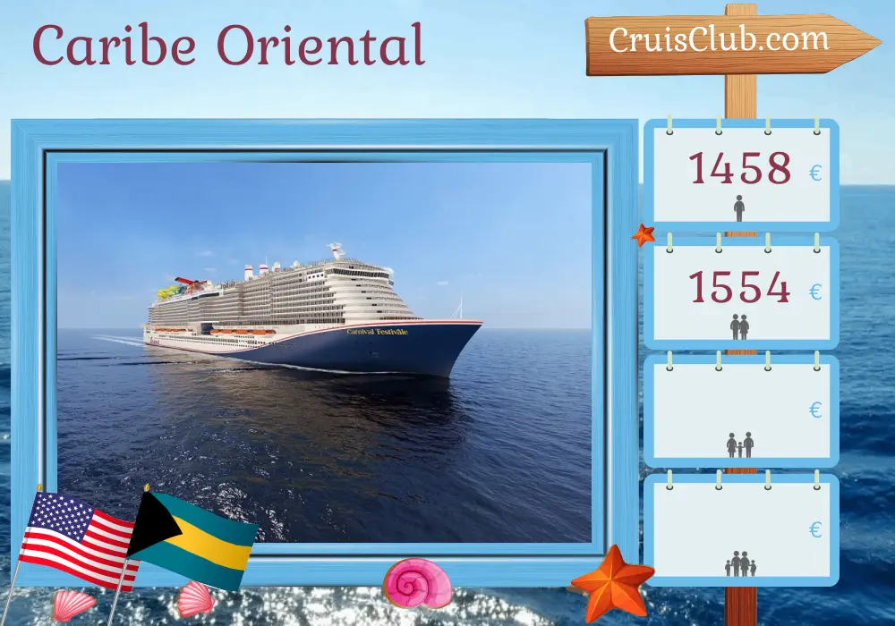Cruzeiro no Caribe Oriental saindo de Port Canaveral / Orlando a bordo do navio Carnival Festivale com visitas aos EUA, República Dominicana, Porto Rico e Bahamas por 9 dias