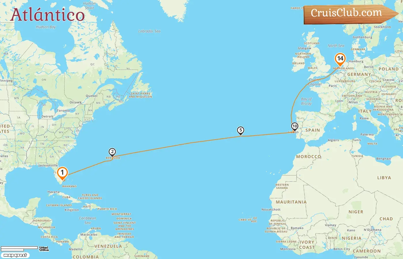 Crucero por el Atlántico desde Fort Lauderdale a Ámsterdam a bordo del barco Celebrity Eclipse con visitas a EE. UU., Bermudas, Portugal y Países Bajos por 14 días