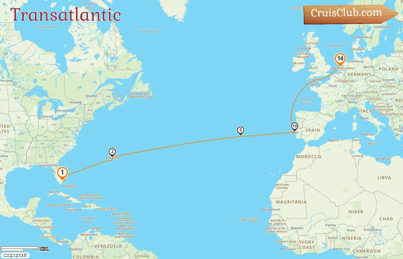 Cruise in the Transatlantic from Fort Lauderdale to Amsterdam aboard Celebrity Eclipse ship with visits to USA, Bermuda, Portugal, and Netherlands for 14 days