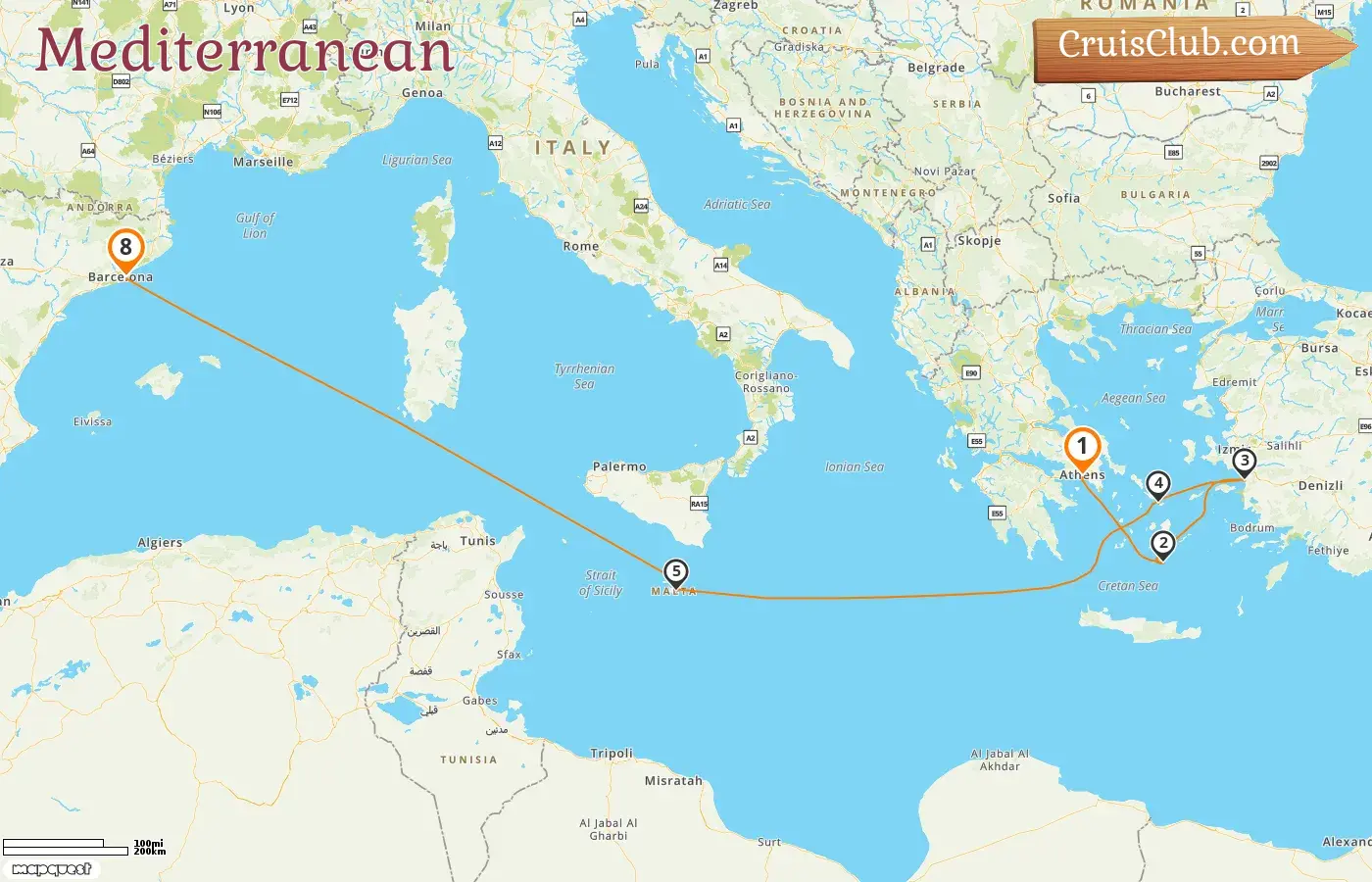 Cruise in the Mediterranean from Piraeus to Barcelona aboard Celebrity Eclipse ship with visits to Greece, Turkey, Malta, and Spain for 8 days
