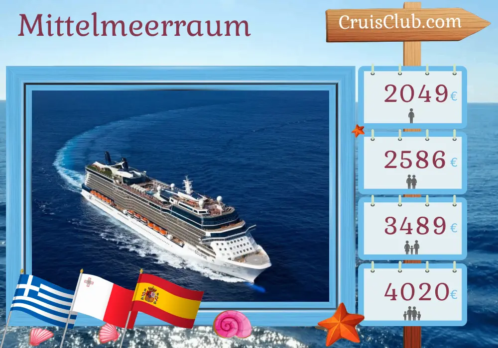 Kreuzfahrt im Mittelmeer von Piräus nach Barcelona an Bord des Schiffes Celebrity Eclipse mit Besuchen in Griechenland, der Türkei, Malta und Spanien für 8 Tage