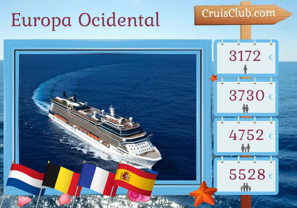 Cruzeiro na Europa Ocidental de Amsterdã a Barcelona a bordo do navio Celebrity Eclipse com visitas aos Países Baixos, Bélgica, França e Espanha por 10 dias
