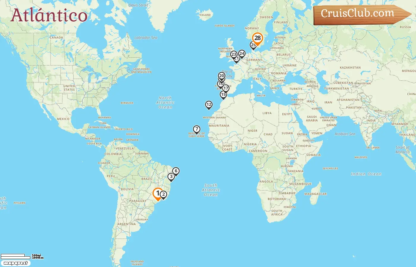 Crucero en el Transatlántico de Santos a Copenhague a bordo del barco Costa Diadema con visitas a Brasil, España, Marruecos, Francia, Bélgica y Dinamarca durante 28 días
