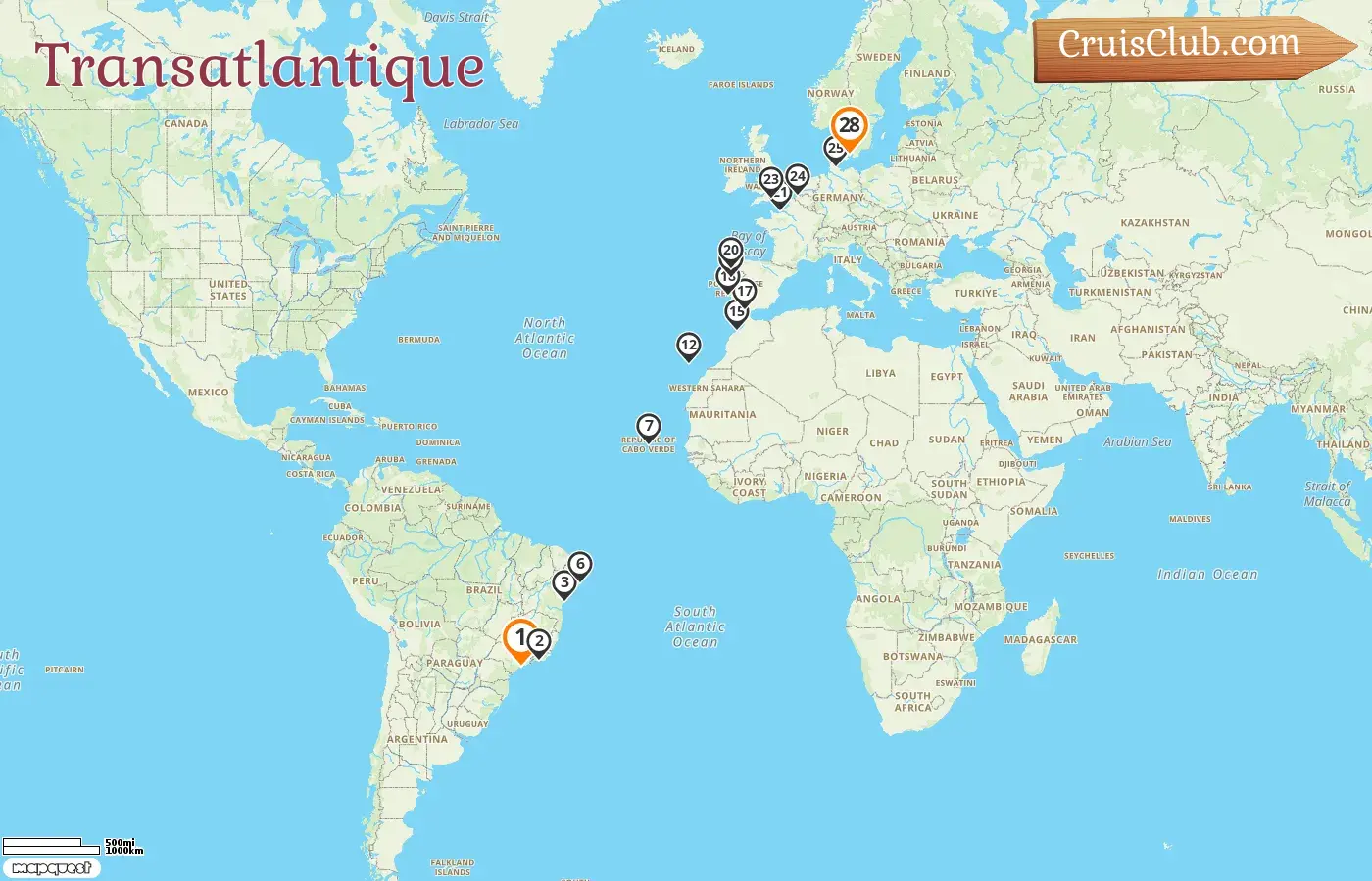 Croisière transatlantique de Saints à Copenhague à bord du navire Costa Diadema avec des escales au Brésil, en Espagne, au Maroc, en France, en Belgique et au Danemark pendant 28 jours