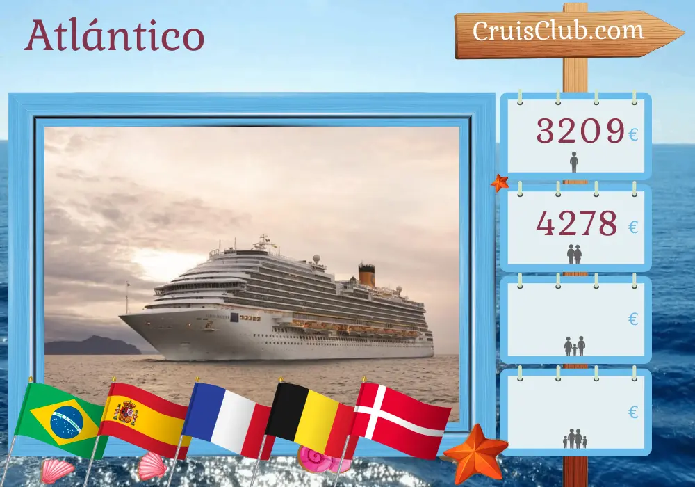 Crucero en el Transatlántico de Santos a Copenhague a bordo del barco Costa Diadema con visitas a Brasil, España, Marruecos, Francia, Bélgica y Dinamarca durante 28 días