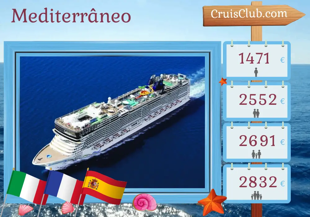 Cruzeiro no Mediterrâneo de Civitavecchia a Barcelona a bordo do navio Norwegian Epic com visitas à Itália, França e Espanha por 8 dias