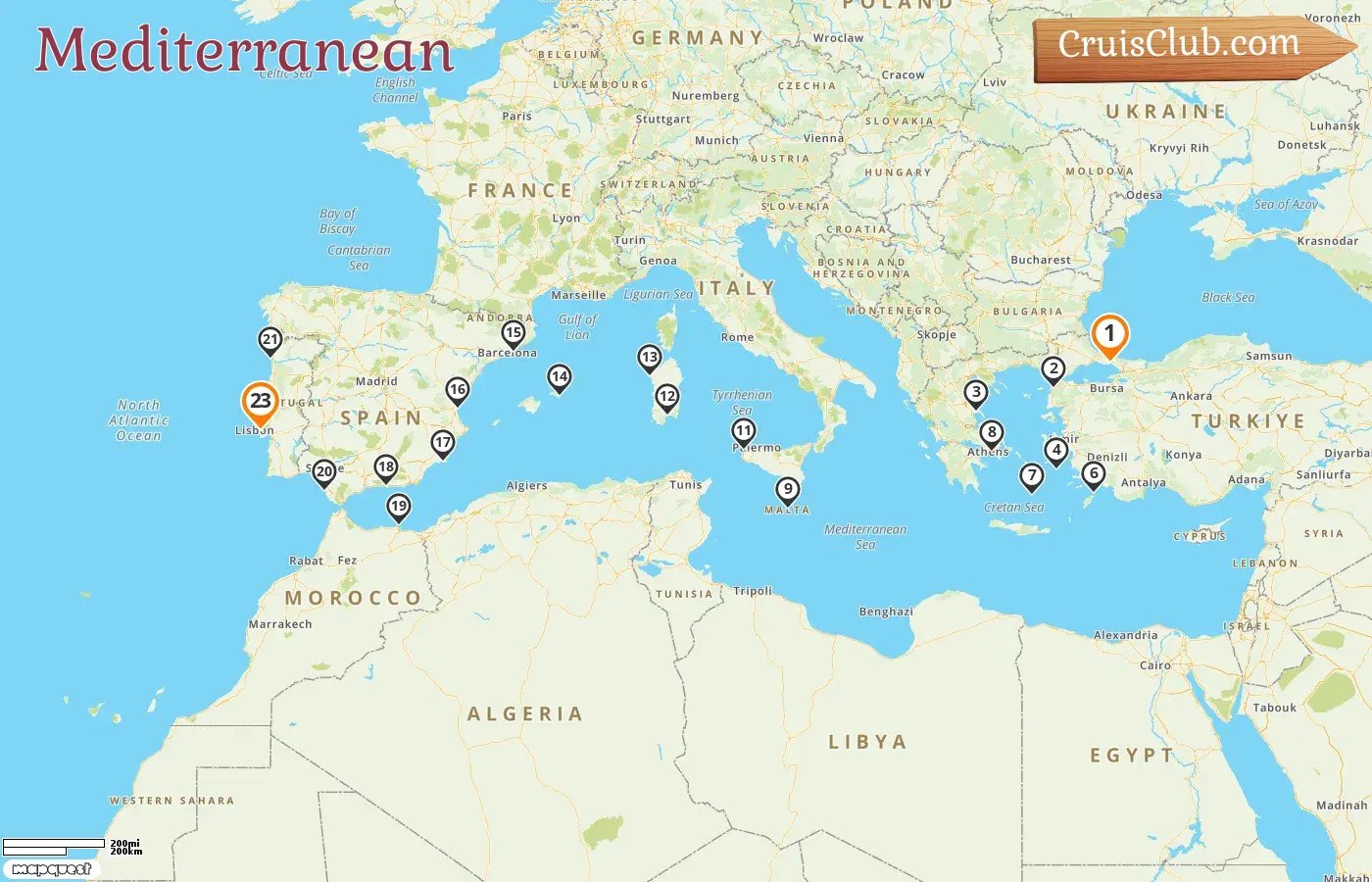 Cruise in the Mediterranean from Istanbul to Lisbon aboard Seabourn Ovation ship with visits to Turkey, Greece, Malta, Italy, and Spain for 23 days