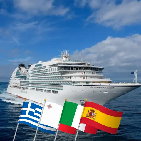 Cruise in the Mediterranean from Istanbul to Lisbon aboard Seabourn Ovation ship with visits to Turkey, Greece, Malta, Italy, and Spain for 23 days