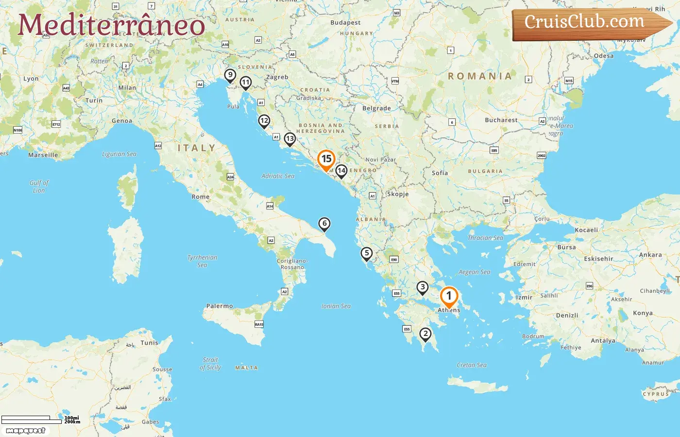 Cruzeiro no Mediterrâneo de Pireu a Dubrovnik a bordo do navio Seabourn Ovation com visitas à Grécia, Itália, Montenegro, Croácia e Eslovênia por 15 dias