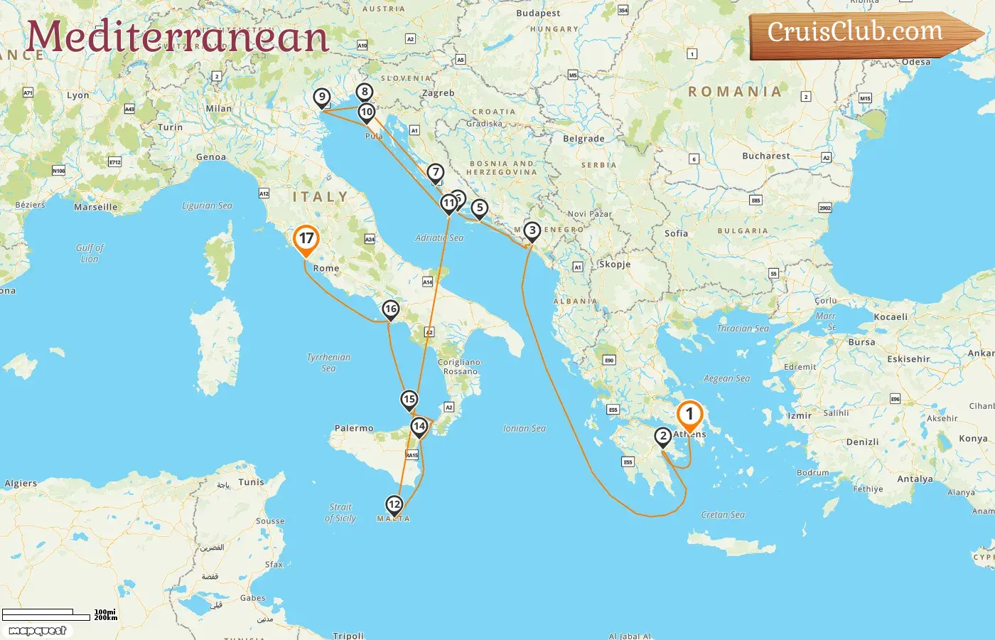 Cruise in the Mediterranean from Piraeus to Civitavecchia aboard Seabourn Ovation ship with visits to Greece, Montenegro, Croatia, Slovenia, Italy, and Malta for 17 days