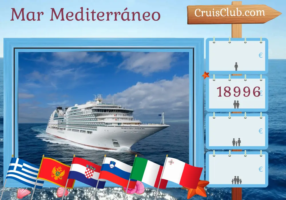 Crucero en el Mediterráneo de Pireo a Civitavecchia a bordo del barco Seabourn Ovation con visitas a Grecia, Montenegro, Croacia, Eslovenia, Italia y Malta durante 17 días