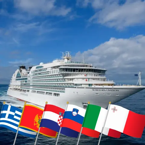 Cruise in the Mediterranean from Piraeus to Civitavecchia aboard Seabourn Ovation ship with visits to Greece, Montenegro, Croatia, Slovenia, Italy, and Malta for 17 days