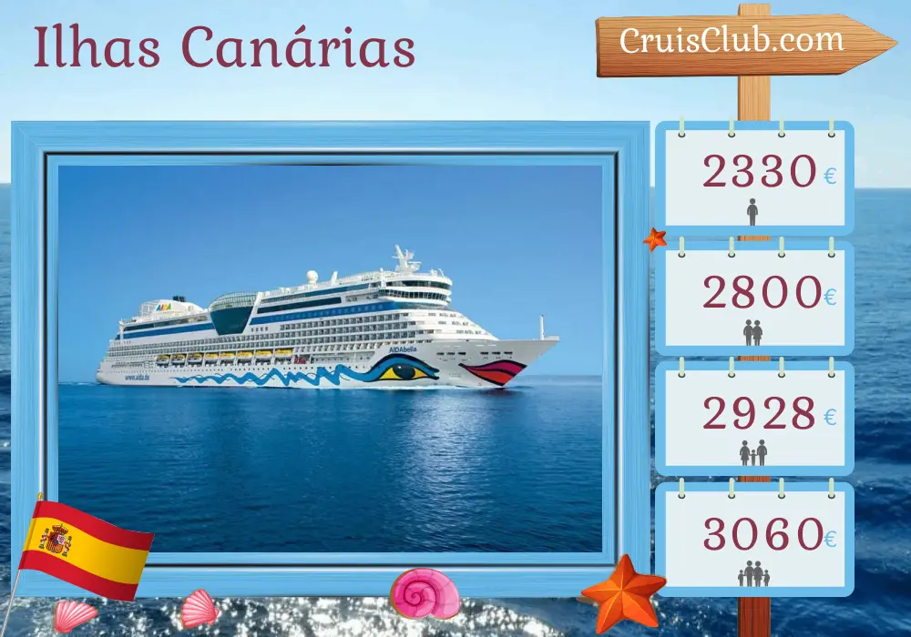 Cruzeiro nas Ilhas Canárias de Palma para Las Palmas a bordo do navio AIDAbella com visitas à Espanha por 11 dias