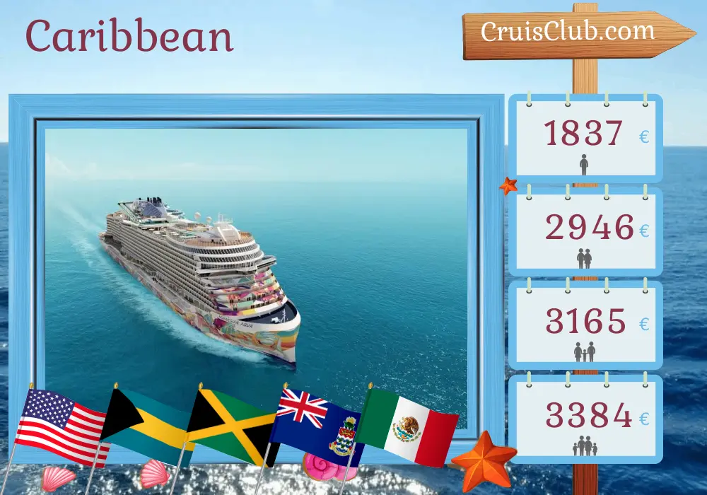 Cruise in the Caribbean from Port Canaveral / Orlando aboard Norwegian Aqua ship with visits to USA, Bahamas, Jamaica, Cayman Islands, and Mexico for 8 days